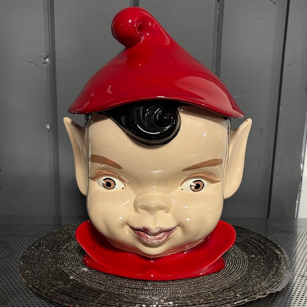 Whimsical Elf Cookie Jar with Red Hat